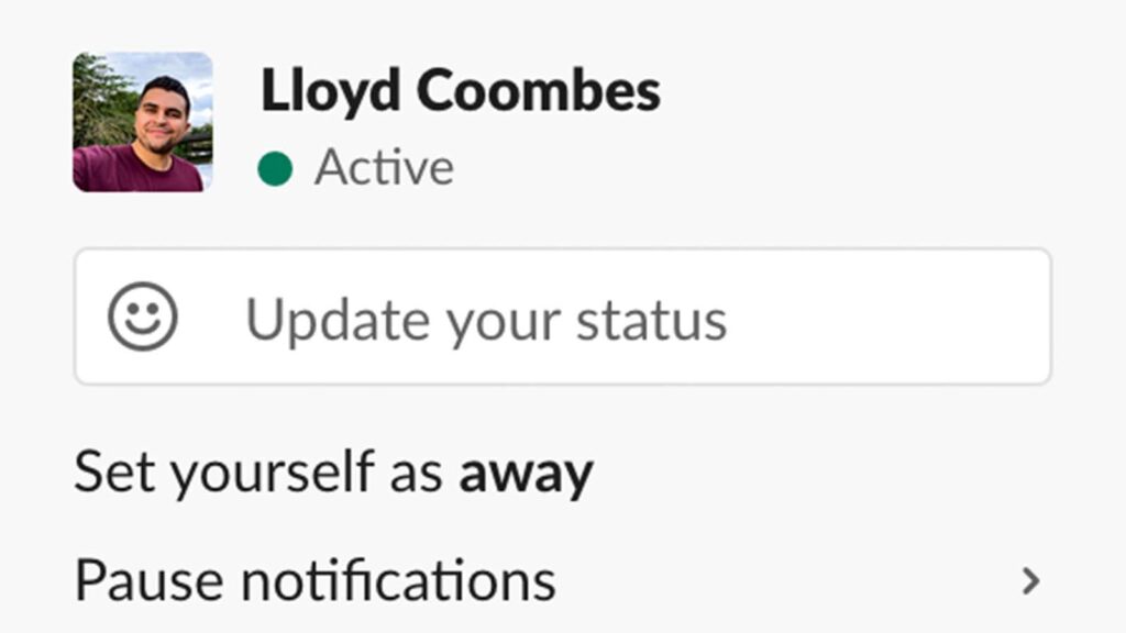 Slack screenshot showing the status menu